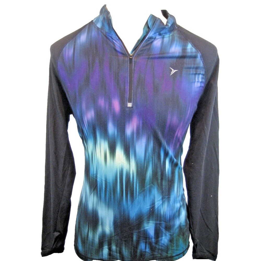 Womens Old Navy Black 1/4 Zip Pullover Compression Exercise Shirt w Graphics  Lg